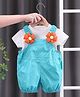 POP STREET KIDS Cotton Knit Half Sleeves Floral Applique Dungaree With Tee - Blue