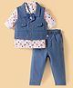 WOW Clothes Cotton Woven Full Sleeves Animal Printed 3 Piece Party Suit With Bow Applique - Blue