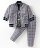 Rikidoos Full Sleeves Distorted Checked Jacket & Pant Set With Typography Printed Tee - Grey & Green