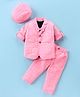 Rikidoos Full Sleeves Checked Blazer Bow Applique Detailed Tee & Pant Set With Cap - Pink & Navy