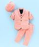 Rikidoos Full Sleeves Checked Blazer Bow Applique Detailed Tee & Pant Set With Cap - Peach & Navy