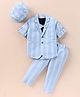 Rikidoos Full Sleeves Striped Blazer Bow Applique Detailed Tee & Pant Set With Cap - Light Blue & Navy