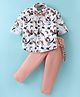 Rikidoos Full Sleeves Abstract Printed Shirt & Pant Set With Bow & Suspender - White & Peach