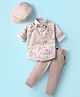 Rikidoos Full Sleeves Typography Printed Shirt & Pant Set With Bow Suspender & Cap - Beige