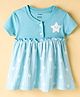 CUCUMBER Interlock Knit Half Sleeves Frock with Star Print & Stripes - Aqua Blue
