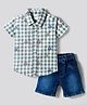Simply Premium Poplin Knit Half Sleeves Checkered Shirt & Denim Shorts Set with Car Print - Blue & Green