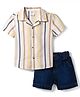Simply Premium Poplin Knit Half Sleeves Striped Shirt & Denim Shorts Set - Grey