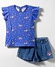 Simply Premium Cotton Lycra Knit Frill Sleeves Top & Denim Skort Set With Bunny & Floral Print - Blue