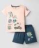 CUCUMBER Sinker Knit Half Sleeves Shorts Night Suit With Vehicle Print - Peach