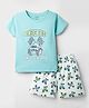 CUCUMBER Sinker Knit Half Sleeves Night Suit With Vehicle Print - Light Blue & Cream
