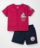 CUCUMBER Sinker Knit Half Sleeves Front Open Shorts Night Suit with Nautical Theme Print - Red