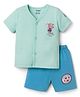 CUCUMBER Sinker Knit Half Sleeves Front Open Shorts Night Suit with Animal Print - Light Blue