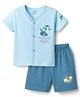 CUCUMBER Sinker Knit Half Sleeves Front Open Shorts Night Suit with Animal Print - Light Blue