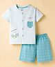 CUCUMBER Sinker Knit Half Sleeves Shorts Night Suit With Animal Print - Light Blue