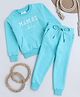 Knitting Doodles Fleece Woven Full Sleeves Mamas Boy Text Embroidered Winter Sweatshirt With Jogger Set - Turquoise