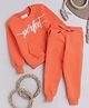 Knitting Doodles Fleece Woven Full Sleeves Perfect Text Printed Winter Sweatshirt With Jogger Set - Orange