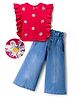 OLLINGTON ST. Cotton Knit Half Sleeves Top & Stretchable Denim Pant Set With Floral Sequin Detailing - Red & Blue