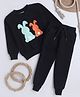 Knitting Doodles Fleece Woven Full Sleeves Bunnies Printed Winter Sweatshirt & Jogger Set - Black