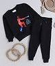 Knitting Doodles Fleece Woven Full Sleeves Cricketer Printed Winter Sweatshirt & Jogger Set - Black