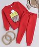 Knitting Doodles Fleece Woven Full Sleeves Cupcake Printed Sweatshirt With Joggers Set - Red