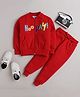 Knitting Doodles Fleece Woven Full Sleeves Hooray Text Printed Jacket With Joggers Set - Red