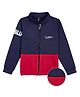 Earth Conscious Fleece Knit Full Sleeves Colour Blocked Typography Back Printed Zipper Winter Jacket - Navy Blue & Red
