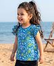 Babyhug Cotton Knit Frill Sleeves Top with Floral Print - Blue