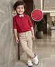 Babyhug Cotton Woven Full Sleeves Printed Shirt & Trouser Set with Bow - Maroon & Beige
