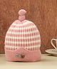 Yellow Bee Wool Knit Striped Bear Patch Detailed Beanie Cap - Pink & White - Circumference 30 Cms