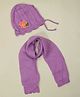 Yellow Bee Wool Knit Floral Applique Detailed Beanie Cap & Muffler Set - Purple - Circumference 32 Cms