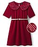 Hola Bonita Knit Half Sleeves Solid Dress Peter Pan Collar Party Dress with Belt & Sequin Detailing - Maroon