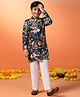 Fashion Dream Cotton Blend Woven Full Sleeves Floral Printed Kurta Pyjama Set - Navy Blue