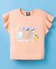 Little Kangaroos Knitted Frill Sleeves Top with Bow Applique & Beach Theme Print - Light Peach