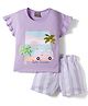 Little Kangaroos Knitted Frill Sleeves Top & Shorts Set with Summer Print & Stripes - Purple