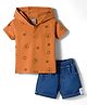 Little Kangaroos Knitted Half Sleeves Hooded T-Shirt & Shorts Set with Beach Theme Print - Khaki