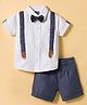 Little Kangaroos Knitted Half Sleeves Solid Color Shirt & Shorts Set with Bow - Navy Blue & White
