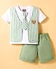 Little Kangaroos Cotton Knit Half Sleeves Striped T-Shirt & Shorts Set with Attached Tie & Waistcoat - Light Green