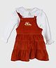 PURPLE UNITED KIDS Corduroy Woven Floral Embroidered Pinafore Dress With Full Sleeves Tee - Rust & White