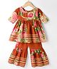 TEENTAARE Cotton Woven Three Fourth Sleeves Kurti Gharara Set With Floral Print - Rust