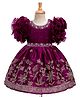Enfance Ruffle Sleeves Flower Embroidered & Embellished Floral Embroidered Knee Length Dress - Wine