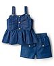 Babyoye Woven Sleeveless Solid Denim Top & Shorts Co-ord Set - Navy Blue