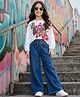 OLLINGTON ST. Cotton Knit Full Sleeves Top with Print & Stretchable Denim Pants Set - White & Blue