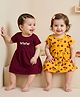 Doodle Poodle 100% Cotton Single Jersey Knit Half Sleeves Frocks With Floral & Butterfly Print Pack of 2 - Yellow & Burgandy