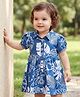 Babyoye Denim Woven Half Puffed Sleeves Frock with Floral Print - Blue