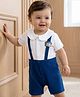 Babyoye 100% Cotton Knit Half Sleeves Rompers With Bear Applique - White & Navy Blue