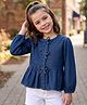 Kookie Kids India 100% Cotton Denim Woven Full Sleeves Top With Bow Applique - Navy Blue