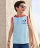 Pine Kids Cotton Knit Sleeveless Hooded T-Shirt With Tree Print - Blue