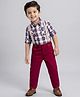 Babyhug Cotton Woven Full Sleeves Checkered Shirt & Trouser Set with Suspender - Maroon