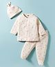 Simply Single Jersey Knit Full Sleeves Co-ords Night Suit With Polka Dot Print & Cap - Cream