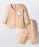 Simply Sinker Knit Full Sleeves Night Suit With Animal Print - Beige